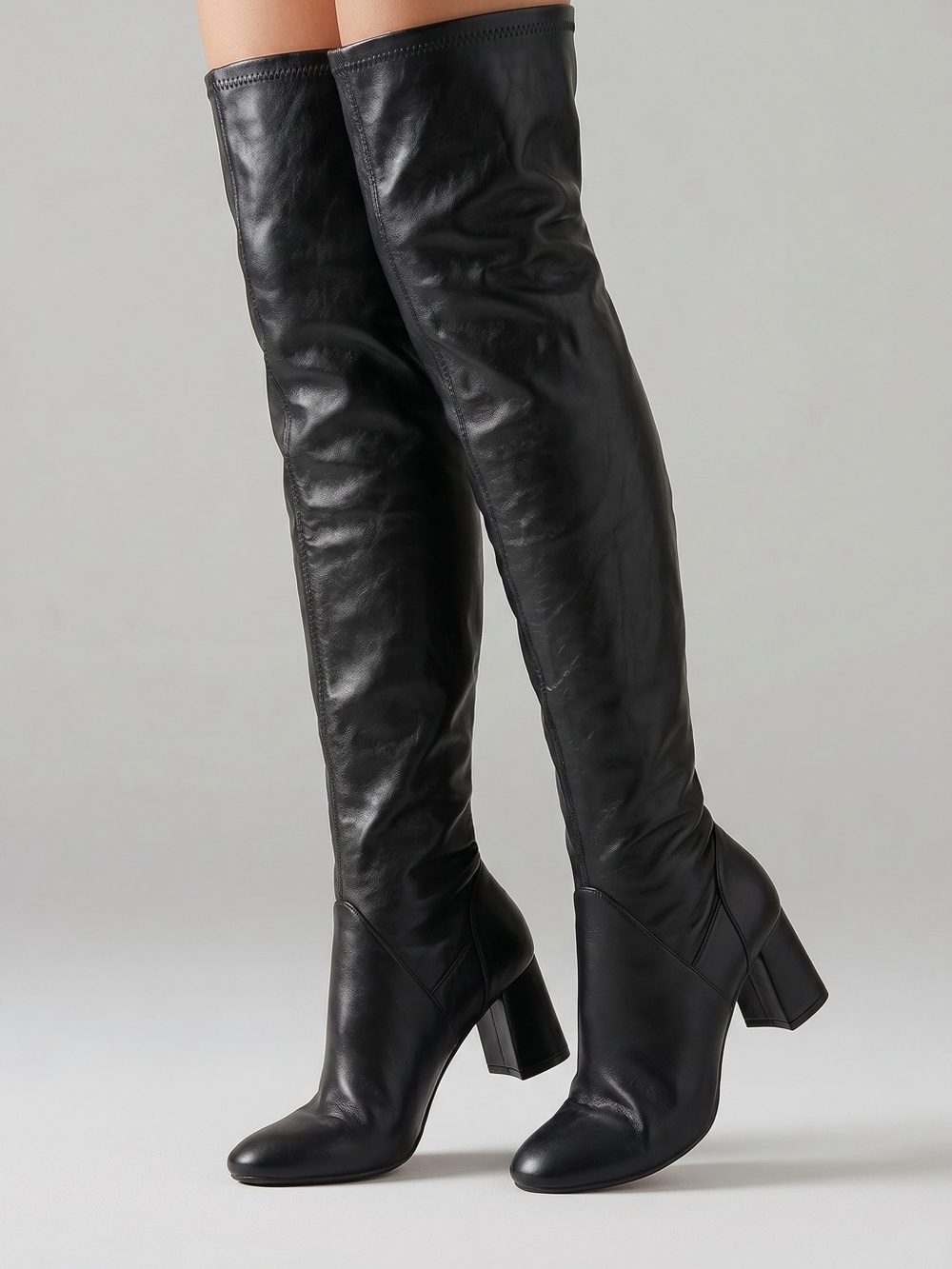 Zara Black Faux Leather Over The Knee Block Heel Round Toe Boots Womens Size 36
